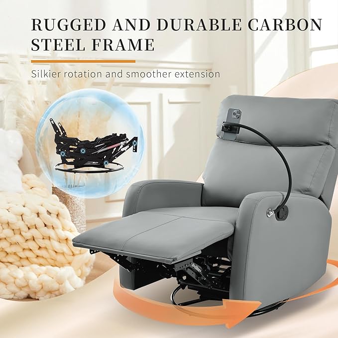 QKFF Swivel Rocker Recliner Chair for Nursery, Upholstered 360° Leather-air Glider Rocking Chair with Phone Holder, Manual Small Recliners for Small Spaces Living Room