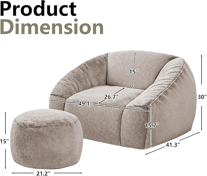 Bean Bag Chairs with Ottoman for Adults, Comfy Beanbag Chair with High-Resilience Foam, Oversized Bean Bag Sofa with Soft Faux Fur Fabric, Bean Bag Chair for Living Room,Bedroom,Khaki