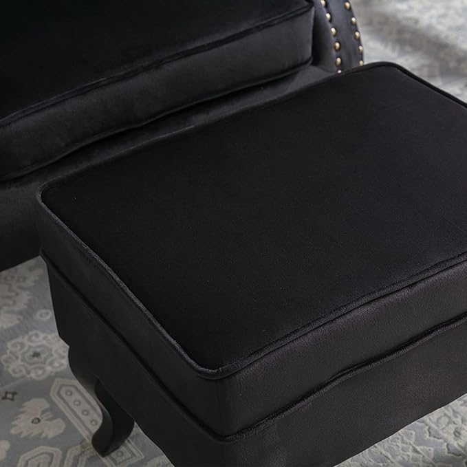 chairus Mid-Century Modern Accent Chairs with Ottoman Set of 2, Comfy Velvet Single Sofa Chair Button Tufted Wingback Armchairs with Pillow for Living Room/Bedroom/Club - Black