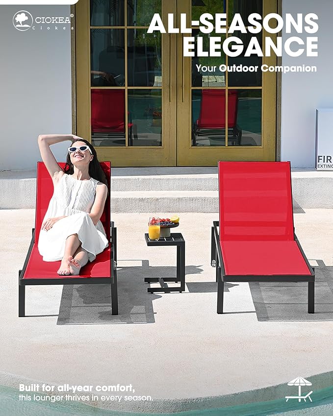 Pool Chaise Lounge Chair Set of 4, Outdoor Lounge Chairs with Wheels, 5-Position Adjustable Sun Loungers for Outside, Deck, Beach, Red