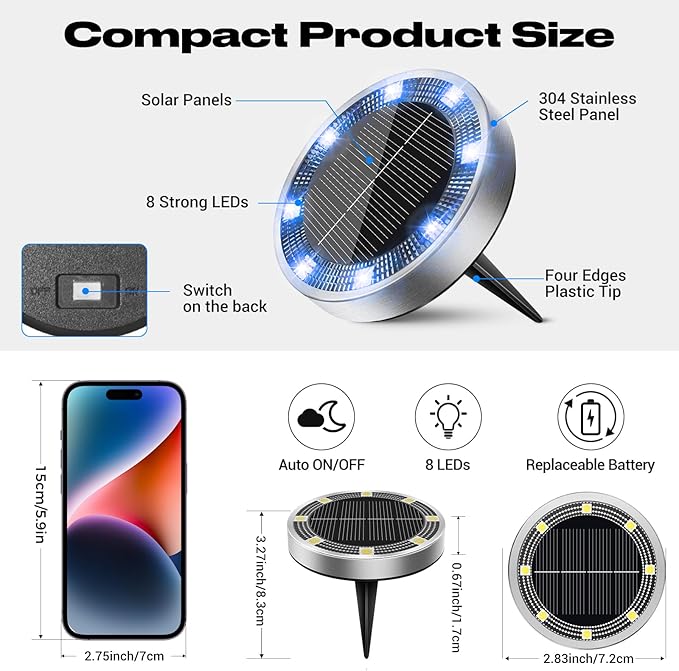 Peasur Mini Solar Ground Lights Outdoor, 8 Pack Flat Solar Powered Disc Lights, IP68 Waterproof, Anti-Rust, Landscape Lighting for Pathway Garden Yard Lawn Walkway Landscape Driveway, Blue