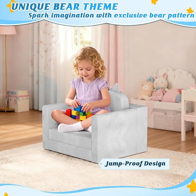 ORWIPO Kids Sofa Bed with Removable Washable Cover & Backrest – Foldable Toddler Chair, Cozy Crystal Velvet Furniture for Playtime, Naps & Travel (Gray, Bear Design)