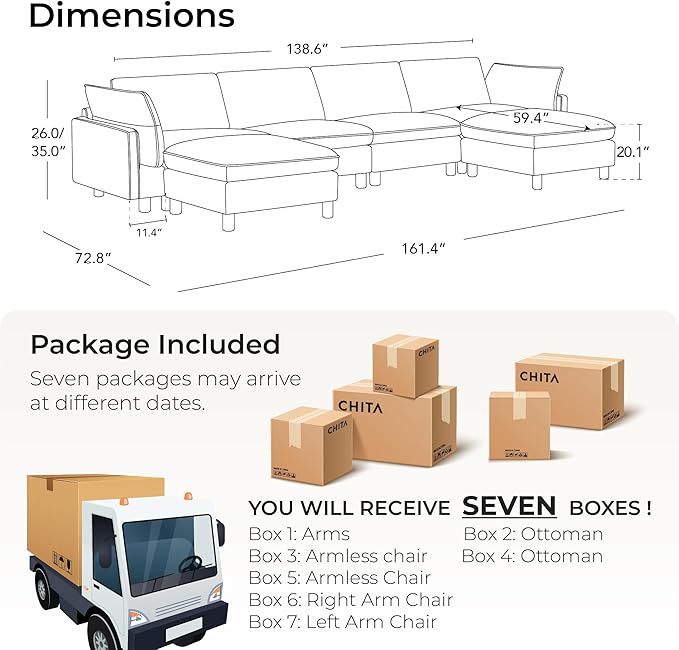 CHITA 161" Super Large Sectional Couches for Living Room, Modular Cloud Couch Sectional Sofa, Premium Fabric Couches, Down Filled, High Density Foam, Chenille in Cream, 6 Seat U Shaped