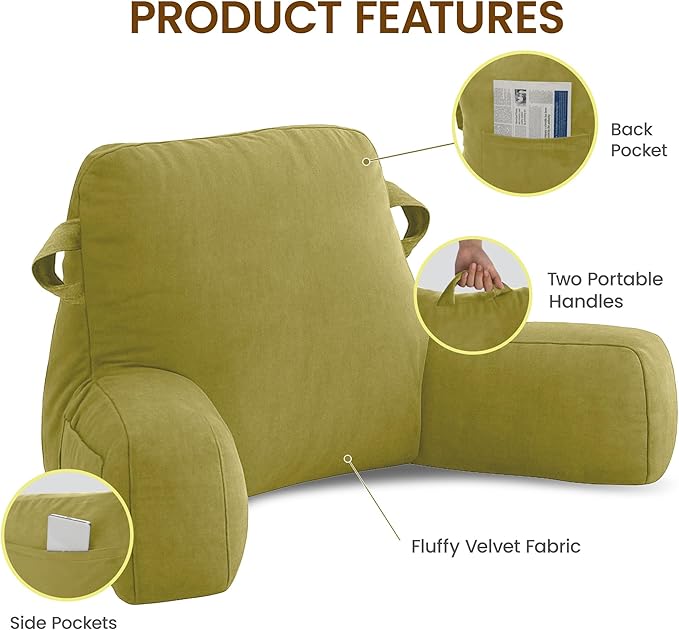 Unisakey Portable Comfy Reading Pillows for Bed Sitting Up(Pale Green Oeko-Tex), Velvet Back Pillow with Arms & Pockets for Adults, Support Memory Foam Bed Pillow for Dorm/Reading/Watching/Gaming