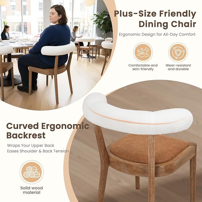 Kmax Dining Room Chairs, Mid-Century Modern Leather Kitchen Chairs with Natural Walnut Finished Frame, Fur White Curved Back, Set of 4, PU Brown