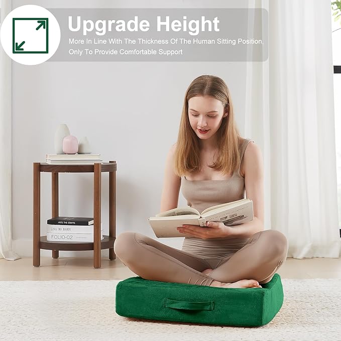 JKMAX 22 inches Floor Pillow for Adults - Large Meditation Cushion with Thick Foam - Premium Outdoor Square Floor Cushion Seat - Yoga Pillow for Sitting On Floor - Green