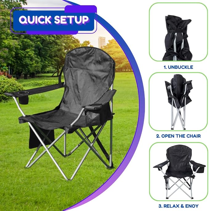 EZONE 2-Pack Camping Chairs with Built-in Ice Cooler, Portable Chair, Storage Pocket, Cup Holder, and Carry Bag Perfect for Camping, Tailgating, Fishing, Beach, and Lawn (2, Black)