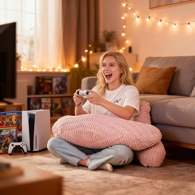 PAJEO Back Pillow for Bed Sitting Up,U Shaped & Back Support Pillow for Bed,19" Backrest with Lumbar & Arm Support,Comfy Corduroy Fabric,Lap Pillow for Gaming/Reading/Watching TV,Pink