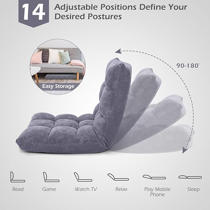 COSTWAY Floor Chair, Video Gaming Chairs with Back Support, Adjustable 14-Position, Alloy Steel Frame, Soft Coral Fleece, Lazy Sofa Lounge for Reading Living Room Recliner for Adults Kids, Grey