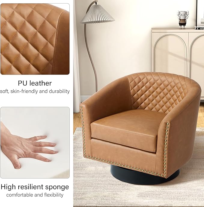 DREAMSIDEA Swivel Barrel Accent Chair, Comfy Modern Upholstered Round Faux Leather Arm Chair for Living Room, Bedroom（Coffee, Set of 1