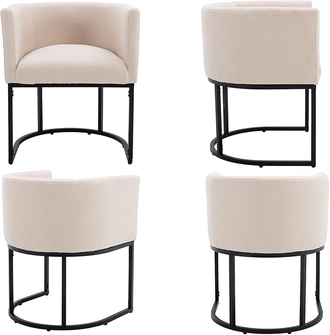VESCASA Linen Upholstered Dining Chairs with Barrel Back, Mid Century Modern Padded Restaurant Chairs with Black Metal Frame for Kitchen, Dining Room, Set of 3, Cream