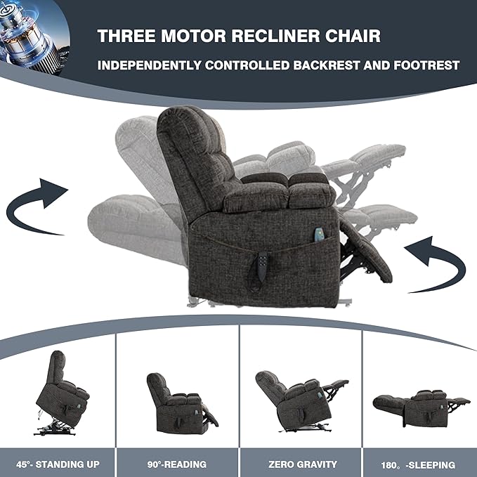 Triple Motor Zero Gravity Power Lift Recliner Chair for Elderly, Extra Wide Lay Flat Recliner with Lifts Vertically, Legs Elevated Above The Heart, Heat Massage, Arm Storage & Cup Holders