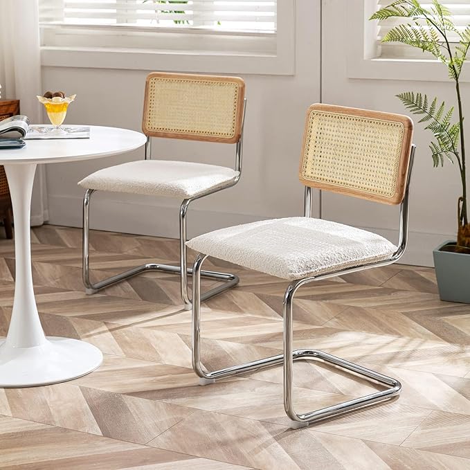 Zesthouse Dining Chairs Set of 4, Natural Rattan Accent Chairs with Solid Wood Back & Stainless Chrome Base, Mid Century Modern Breuer Design Inspired, Upholstered Boucle Kitchen Chairs, White