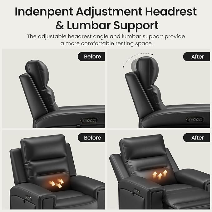 COLAMY Aura Triple Motors Power Recliner Chairs with USB and Type C Port, Home Theater Chair with LED Lights, Electric Wall Hugger Recliner for Living Room, Black