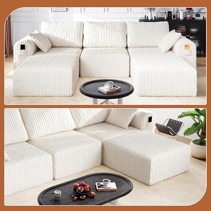 106" Boneless Couches for Living Room, Modular Sectional Sofa, L-Shape Sofa Couches,Cloud Couch Sectional, Comfy Corduroy Sofa, with Deep Seat, No Assembly Required (Beige, 1 Ottoman)