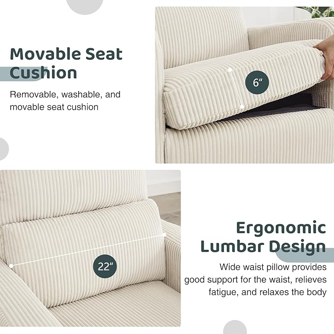 AEMEIOS Swivel Rocker Recliner, Oversized Manual Nursery Glider Rocking Recliner Chair with Removable Cushion, Upholstered Swivel Reclining Chair for Nursery Living Room Bedroom, Corduroy White