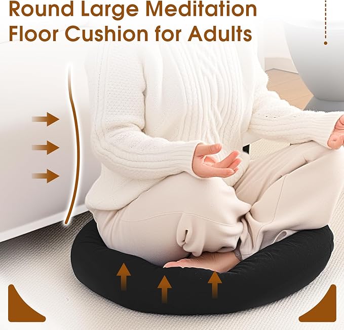 Floor Pillows for Adults, Meditation Cushions, 22x22 Inch Large Round Sitting Cushion Living Room Memory Foam Pillow for Sitting (1, Black, 22x22x4 Inch)