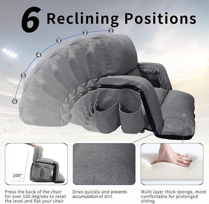 Stadium Seats with Back Support,Wide Stadium Chairs with Back and Cushion, Sofa Style Stadium Seats, 6 Reclining Positions, Extra Thick Bleacher Seat for Sports Events(Grey-1 Pack, Wide|25")