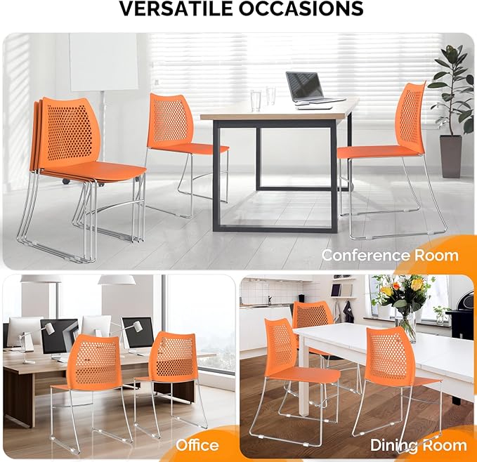 VINGLI Stacking Chairs Set of 20 Stackable Office Chairs with Metal Sled Base, Ergonomic Plastic Seat & Holes Back, Stacking Chairs for Waiting Room Break Room Banquet Guest, Orange