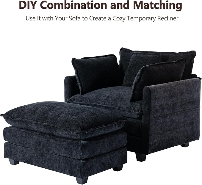 SweetGO corporation 40" Chenille Lounge Chair for Reading, Modern Couch Cozy Sofa Bed, Upholstered Living Room Single Sofa Accent Chair with Ottoman Set of 2, Black