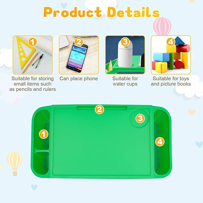 6 Pcs Kids Lap Desk Tray, Plastic Breakfast Lap Desk Trays with Storage Slots, Portable Stackable Lap Tray Tables for Writing Drawing Classroom, 19.69" L x 9.84" W x 7.1" H (Red+Green+Purple)
