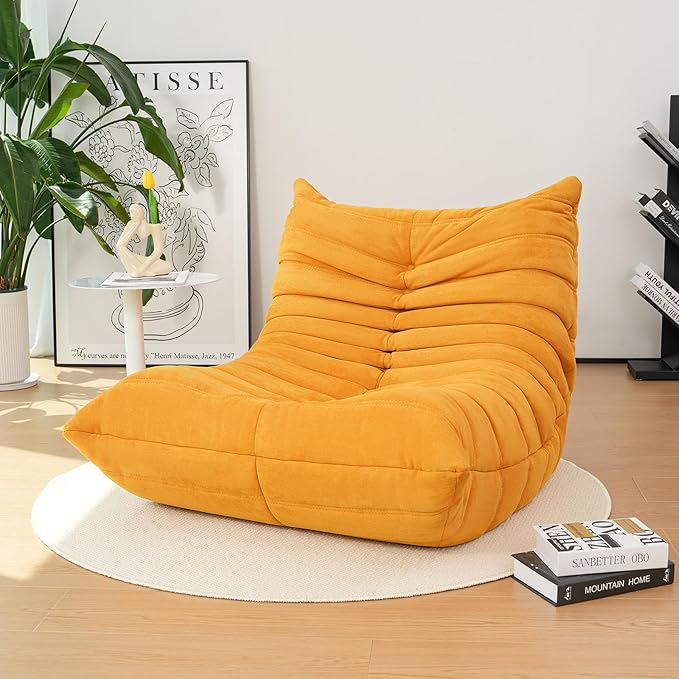 High-end Togo Bean Bag Chair, Fireside Chair with Yellow Suede Fabric Cover, Comfy & Soft Lazy Floor Lounge Sofa for Bedroom, Living Room, Office or Salon
