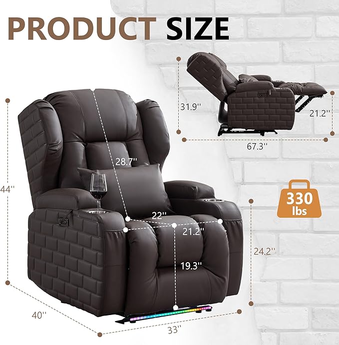 Wall Hugger Power Recliner Chair with Heat and Massage, Overstuffed Reclining Sofa Chair for Living Room Home Theater RV with 3-Side LED Lights/Cup Holders/USB & Type C Port (Brown)