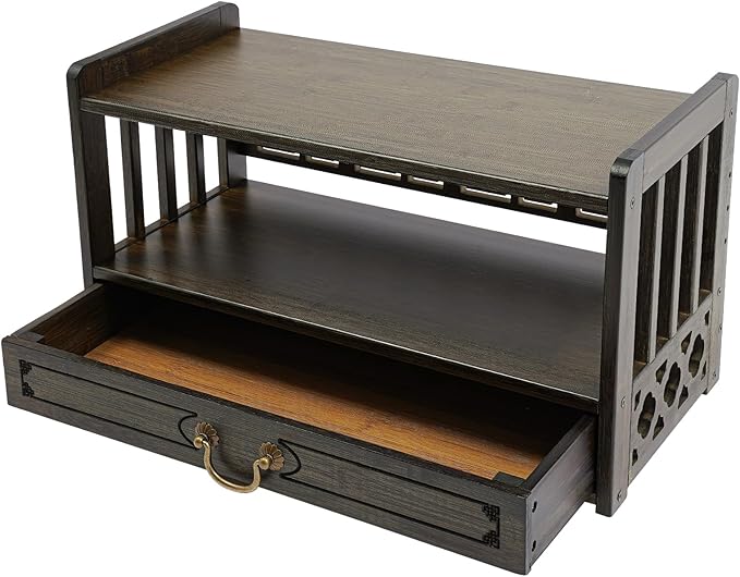Low 3-Tier Meditation Table with Drawer,Bamboo Altar Tables,Puja Desks,Tatami Desk,20.4”W,Walnut Color