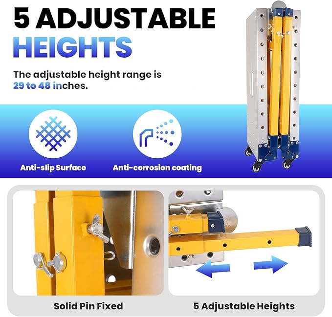 Portable Folding Welding Table, 65" x 14" Adjustable Height Work Platform with 360° Casters, Heavy-Duty 2500LBS Load Capacity Carbon Steel Work Bench for Painting, Interior Decoration (Yellow)