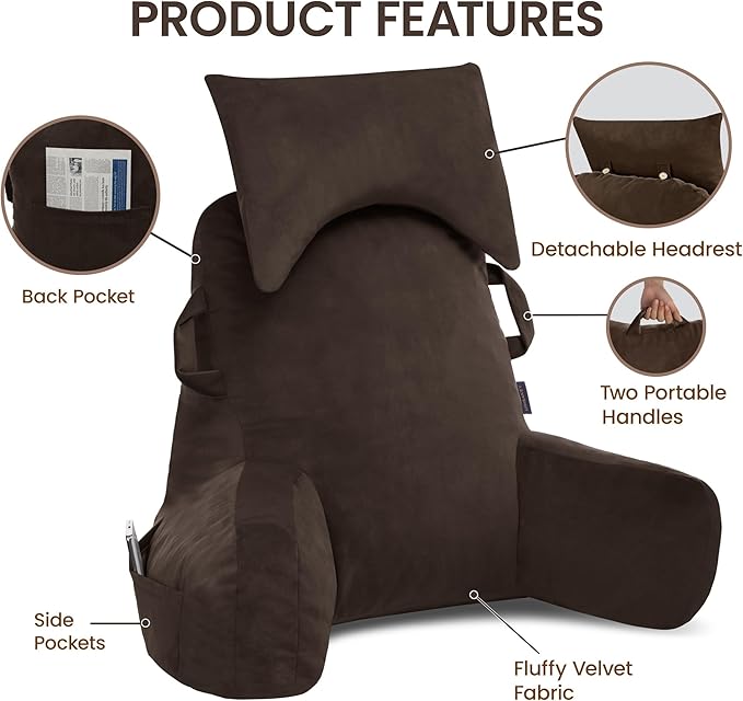 Unisakey Portable Reading Pillows with Headrest for Bed Sitting Up(Brown Oeko-Tex), Velvet Back Pillow with Arms & Pockets for Adults, Support Memory Foam Bed Pillow for Dorm/Reading/Watching/Gaming