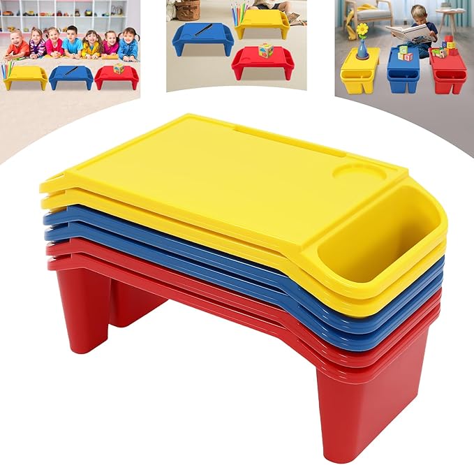 Mind Reader Kids Lap Desk, 6 PCS Kids Lap Desk Bulk Tray Lap, Portable Activity Tray with Side Storage, Stackable Plastic Desk Table for Students Drawing, Snacks, Study (2*(red+Blue+Yellow), Small)