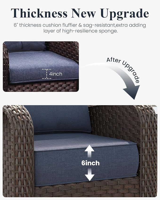 LayinSun 10 Piece Wicker Outdoor Furniture Set with 6-inch Comfy Cushions, High Back Patio Furniture Set with Swivel Rocking Chairs and Fire Pit Table