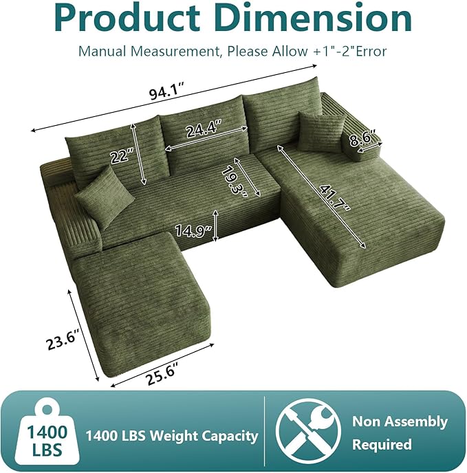 95" U-Shape Cloud Couch, Modern Modular Sectional L-Shape Sofa with Ottoman, Corduroy Upholstered Couches Deep Seat Sleeper Chaise Longue for Living Room, No Assembly Required(Green, Right Facing)