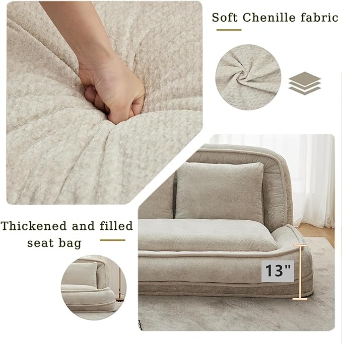 Foldable Lazy Sofa Bed, Chenille Upholstered Human Dog Bed for Adults, 2 in 1 Convertible Floor Sofa with 5 Adjustable Backrest Positions and Soft Cushions for Living Room (Beige)
