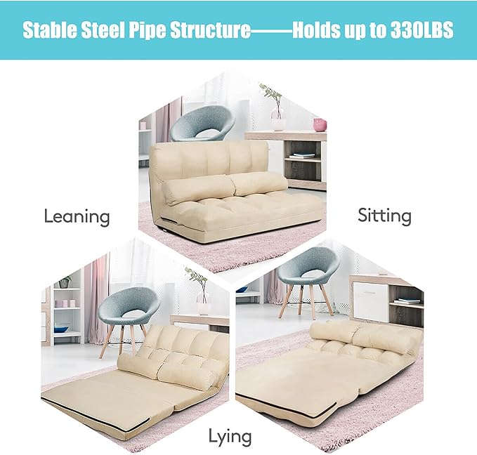DORTALA Foldable Floor Sofa, 6-Position Adjustable Lounge Couch with 2 Pillows & Suede Cloth Cover, Modern Lounge Mattress Video Gaming Lazy Couch, Suede Floor Seating Sofa, 71" x 44.5", Beige