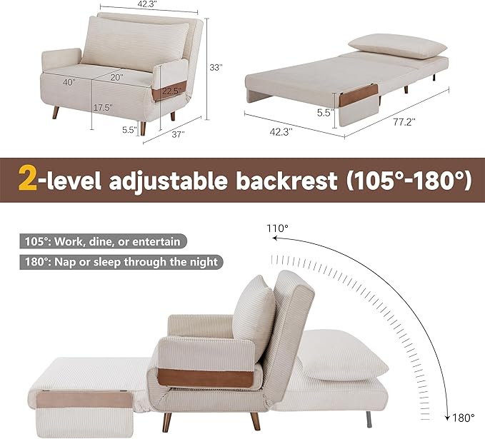 CITTANEO 42" Convertible Sleeper Chair, 3-in-1 Chair Bed Sleeper for Adults with Adjustable Backrest, Pillow & Wooden Arms, Loveseat Sofa Bed for Apartment, Office, Beige