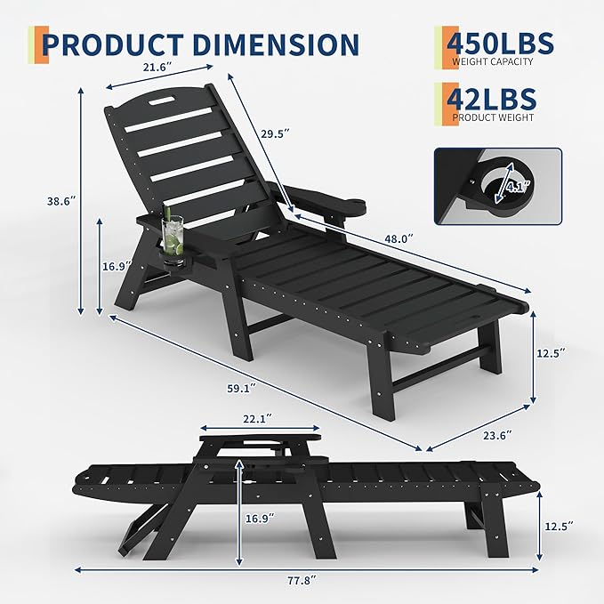 GarveeLife Outdoor HDPE Chaise Lounge, Oversize HDPE 5-Position Pool Lounge Chairs, Pool Lounges Chairs