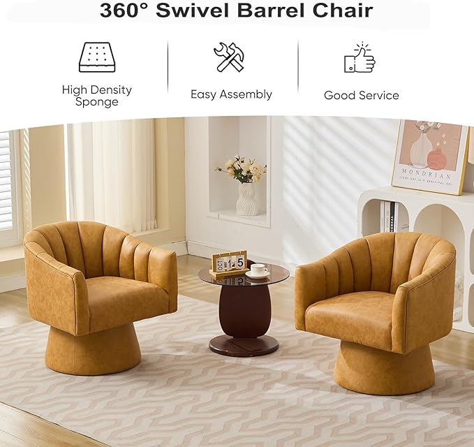 Swivel Accent Chair Set of 2,Faux Leather 360°Swivel Barrel Chair Upholstered Modern Living Room Chair, Overstuffed Reading Armchair for Bedroom,Vanity,Office-Mustard