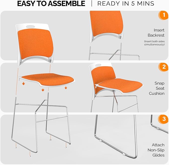 VINGLI Stackable Chairs Set of 12, Stacking Office Chairs with Metal Sled Base, Ergonomic Plastic Padded Seat & Back, Capacity 350lbs, Stacking Chairs for Waiting Room Break Room Banquet Guest, Orange
