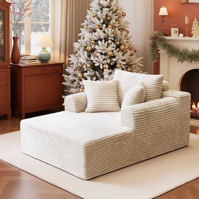 Oversized Chaise Lounge Chair Indoor, Upholstered Single 61'' Round Arm Boneless Cloud Sofa Bed Sleeper Couch, No Assembly Faux Rabbit Fur Memory Foam Reading Chair for Living Room Bedroom Beige