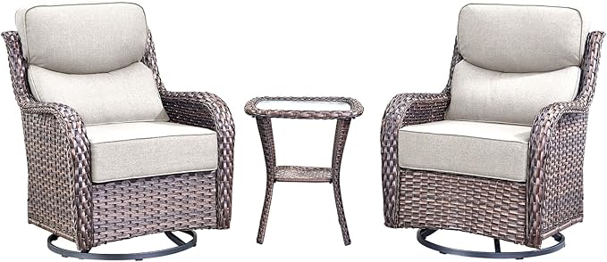HUMMUH 3PCS Patio Furniture Set with 6-inch Thick Cushion, High Back Outdoor Swivel Rocker Patio Chairs, Wicker Conversation Set for Porch Deck and Poolside(V3)