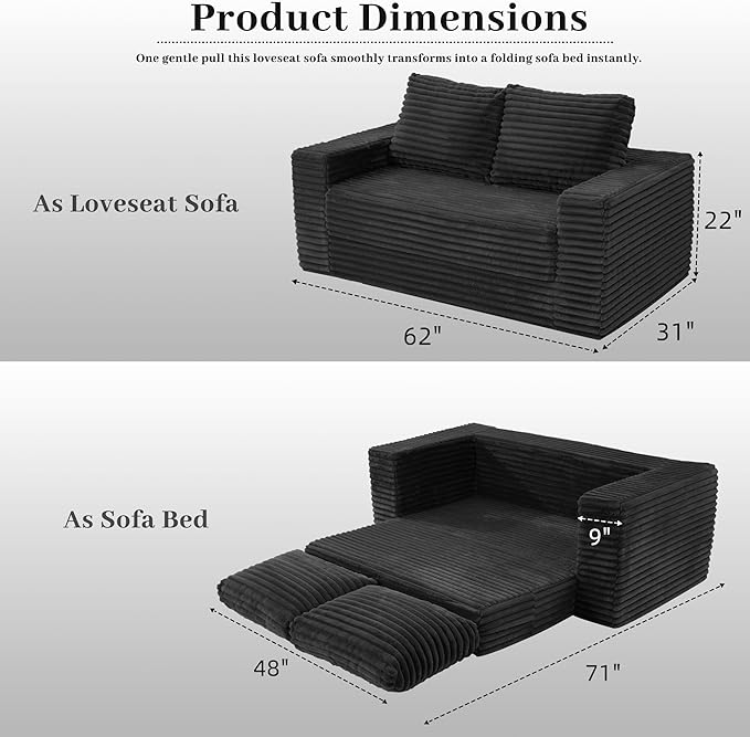 HABUTWAY Convertible Folding Sofa Bed Couch,3 in 1 Pull Out Couch Bed,Loveseat Sleeper Sofa Bed,Boneless Couches with Pillows for Living Room Bedroom, Black