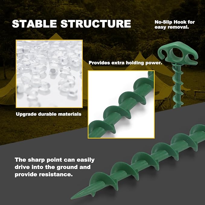 COBARYEN Tent Stakes Ground Anchors Screw in, 10 Pack Sand Stakes for Beach 9.4 Inch Heavy Duty Spiral Tent Pegs for Camping, Party, Hiking, Outdoor Decoration (10, Green)