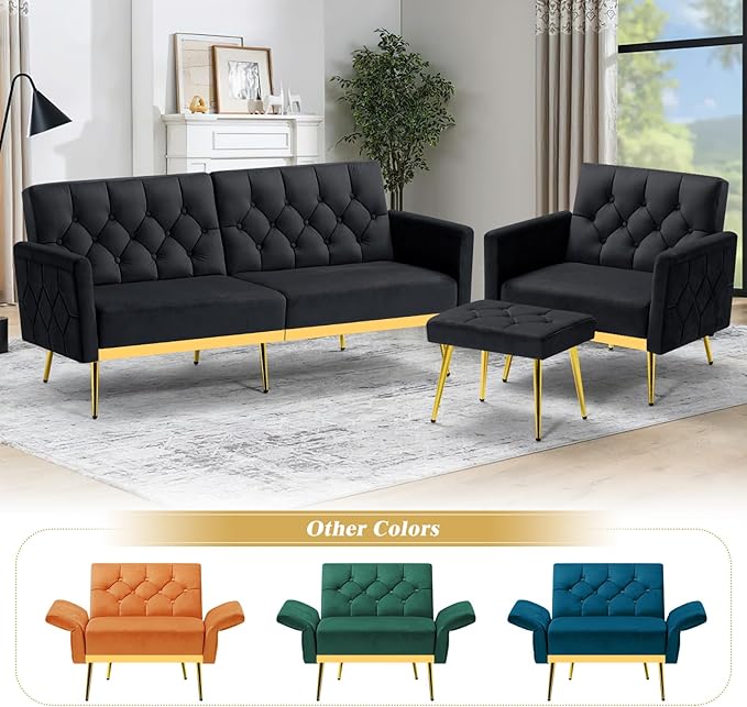 ACMEASE Velvet Accent Chair w/Adjustable Armrests and Backrests, Tufted Single Sofa with Ottoman, Upholstered Reading Chiar for Living Room, Apartment, Bedroom, Black