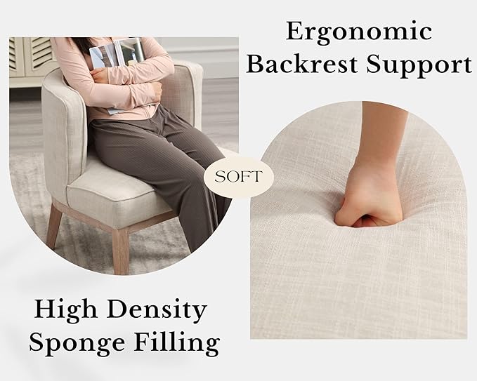 Comfy Barrel Chair Mid-Century Modern Accent Chair with Solid Wood Leg Upholstered Reading Arm Chair Linen Fabric Waiting Room Round Side Chairs for Small Spaces Living Room Bedroom Office, Beige
