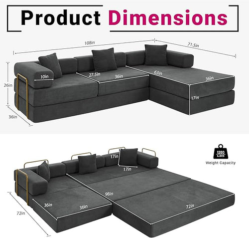 108" Convertible Sleeper Sofa Bed, Corduroy Folding Sofa Bed with Fixed-Shape Frame, Fold Out Floor Mattress Couch, Lazy Compression Sofas for Living Room, Bedroom, No Assembly Required,Grey