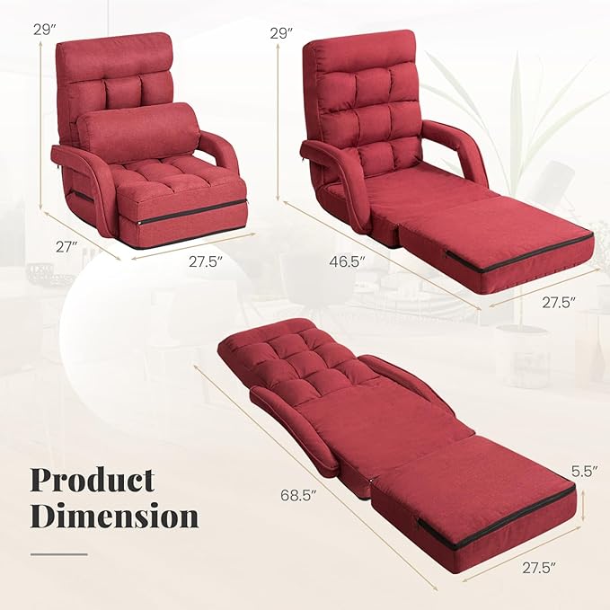 Giantex Folding Floor Chair with 6-Position Adjustable Backrest, Armrests & Removable Pillow, 330Lbs Capacity, Lazy Sofa Armchair, Chaise Lounge Bed, Gaming Recliner for Living Room Bedroom, Red
