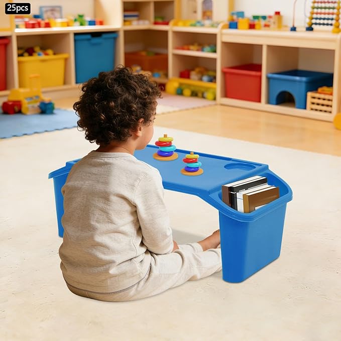 Kids Lap Desk Tray, 25-Pack Stackable Activity Trays with Cup Holder & Phone Slot for Kids, Sturdy PP Table for Reading, Eating, Preschool & Daycare (25-Pack, Color B)