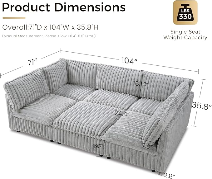 KKL Modular Sectional Sofa Bed, Convertible L/U-Shaped Sleeper Couch for Living Room, Modern Reversible Design, Grey