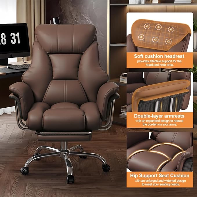 BTFYOU Big and Tall Office Chair with Armrests Executive Chair with Footrest and Spring Lumbar Support High Back Leather Ergonomic Chair Adjustable Height Tilt Lock for Business